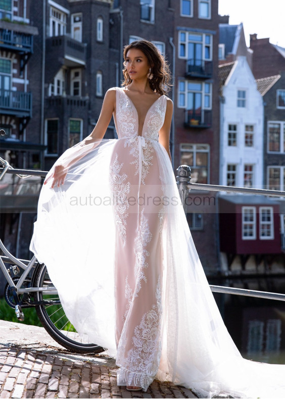 Ivory Lace Open Back Wedding Dress With Detachable Train Ivory Lace Open Back Wedding Dress With Detachable Train